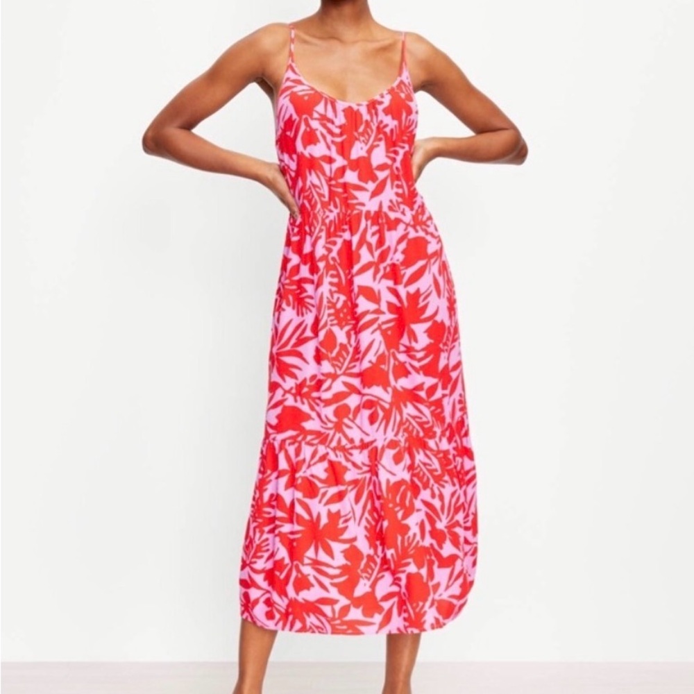 LOFT Tropic Strappy Tiered Midi Dress